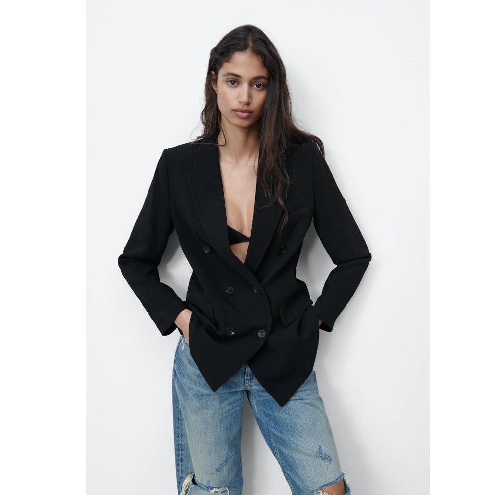Zara Button Up Collared Basic Black Blazer - image 1